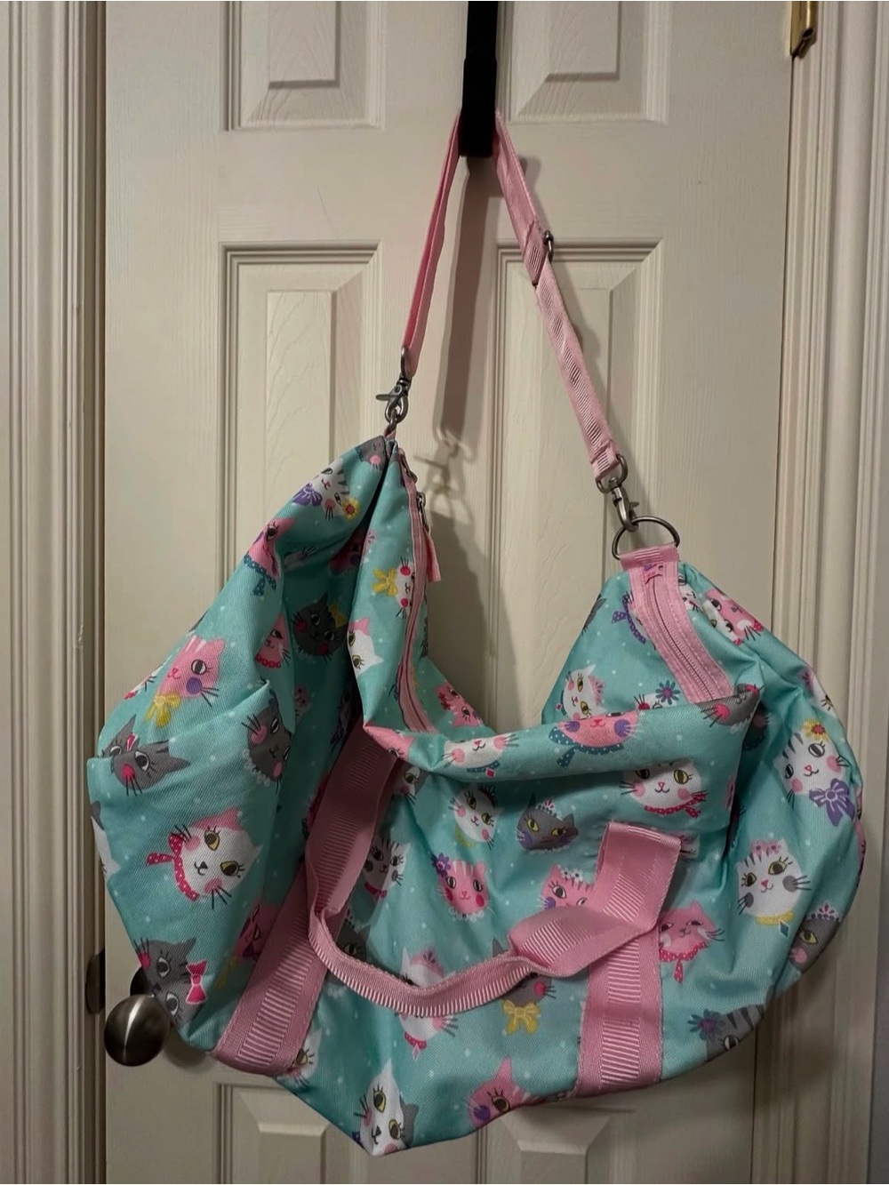 Pottery Barn Kids Cute Cat Print Weekender Bag - Aqua & Pink